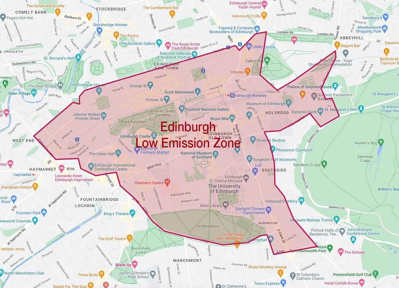 Mapa de la Low Emission Zone de Edimburgo.