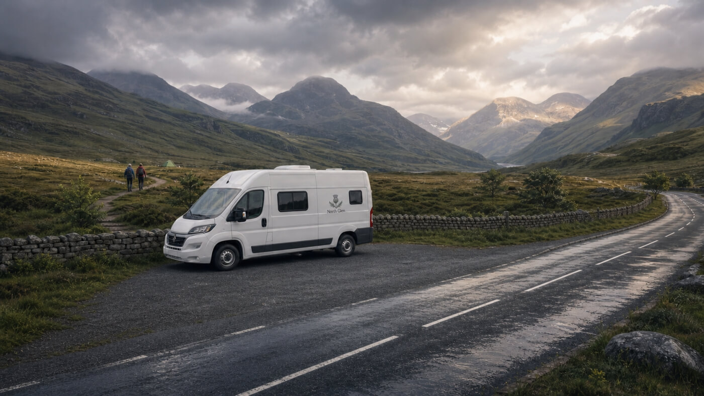 Una camper estacionada en un apartadero de las Highlands mientras dos senderistas avanzan hacia una tienda de campaña.