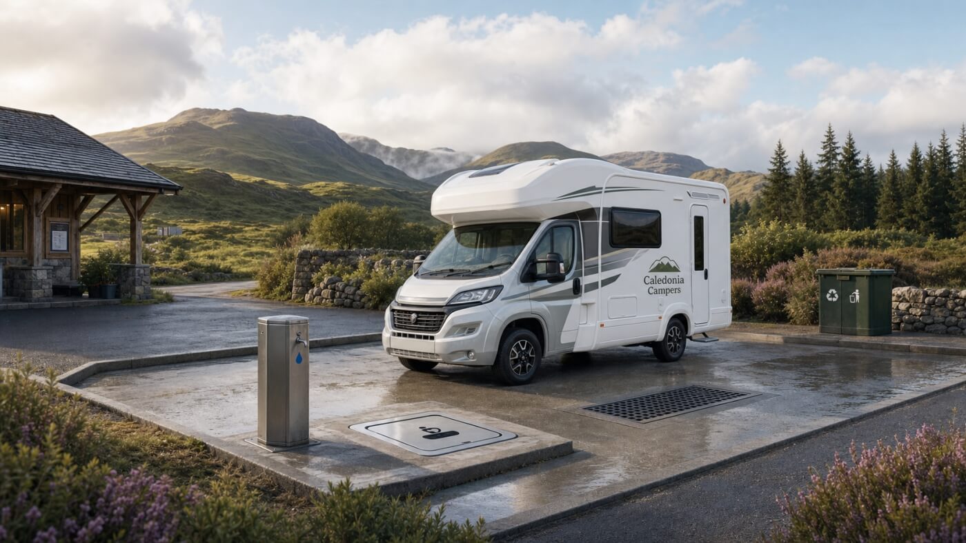 Autocaravana en un punto de servicio de Escocia con grifo de agua, rejilla de vaciado y contenedor de residuos.