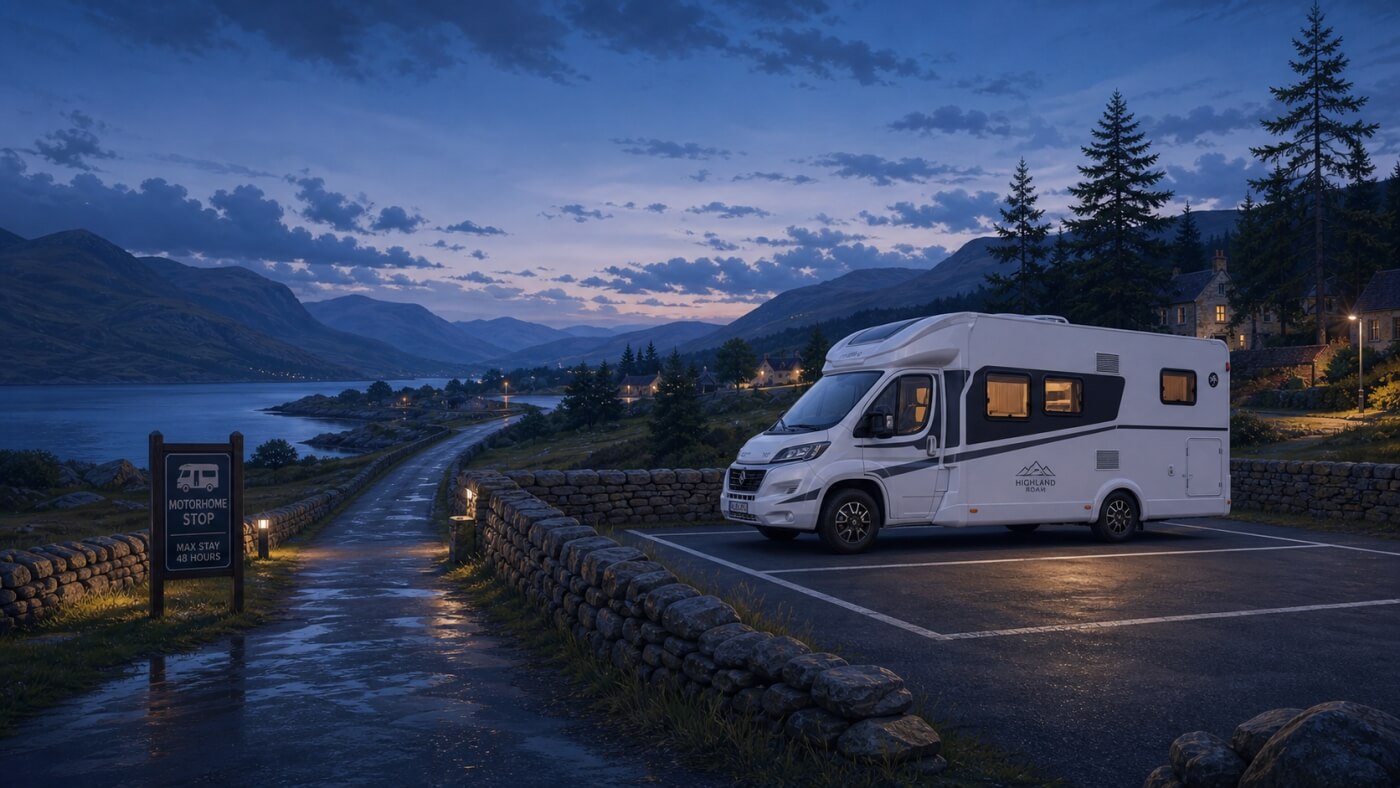 Autocaravana de alquiler estacionada al anochecer en un área de pernocta junto a un lago de las Highlands escocesas.
