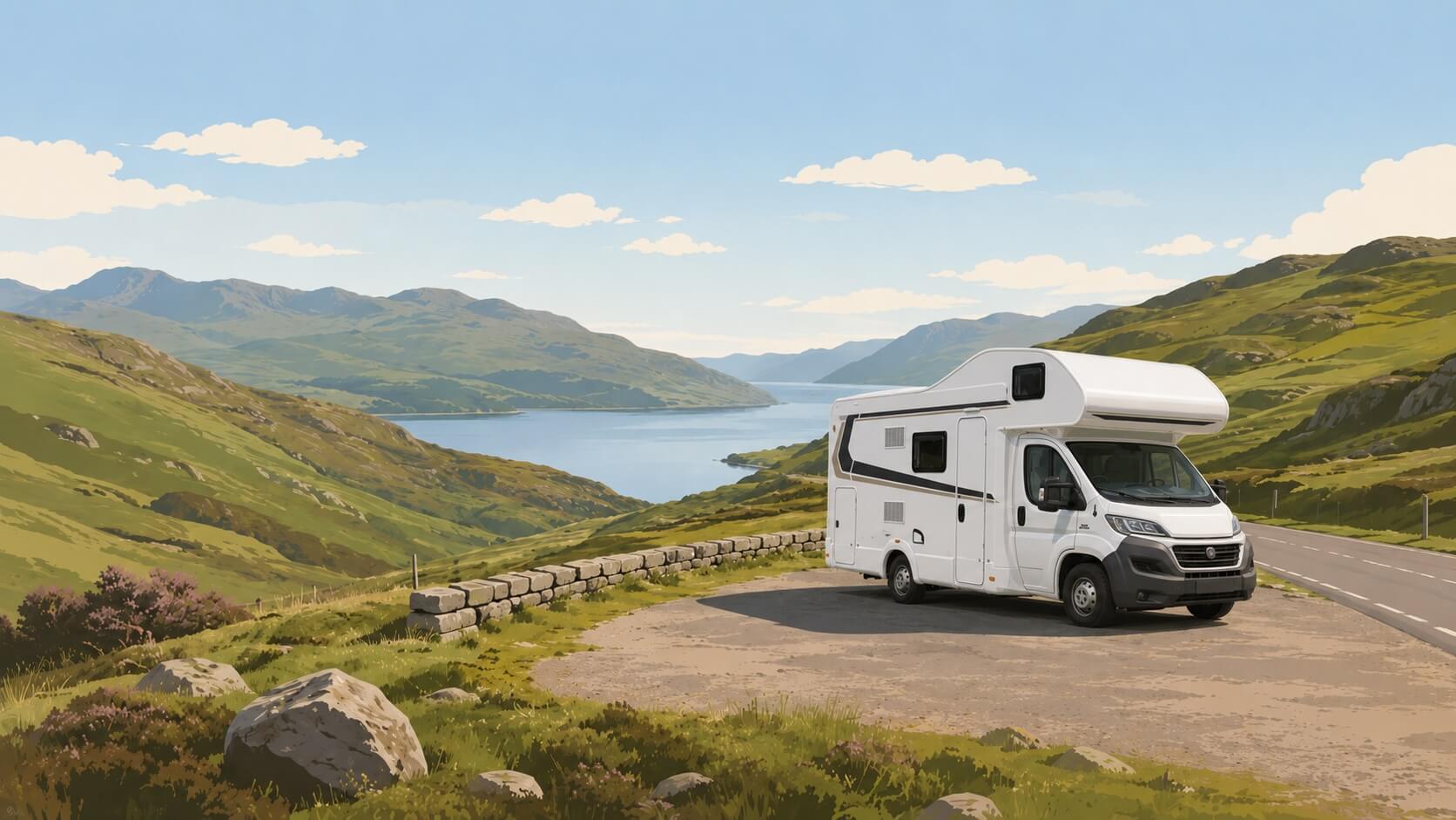 Autocaravana estacionada en un mirador de las Highlands escocesas junto a un lago y una carretera de montaña