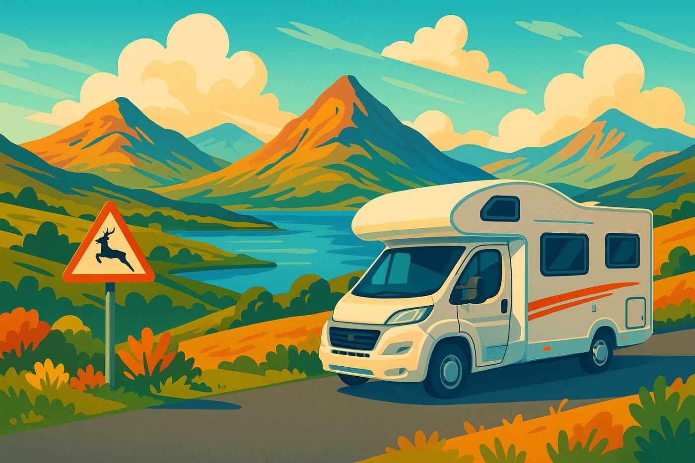 Autocaravana en las Highlands de Escocia con señal de ciervos