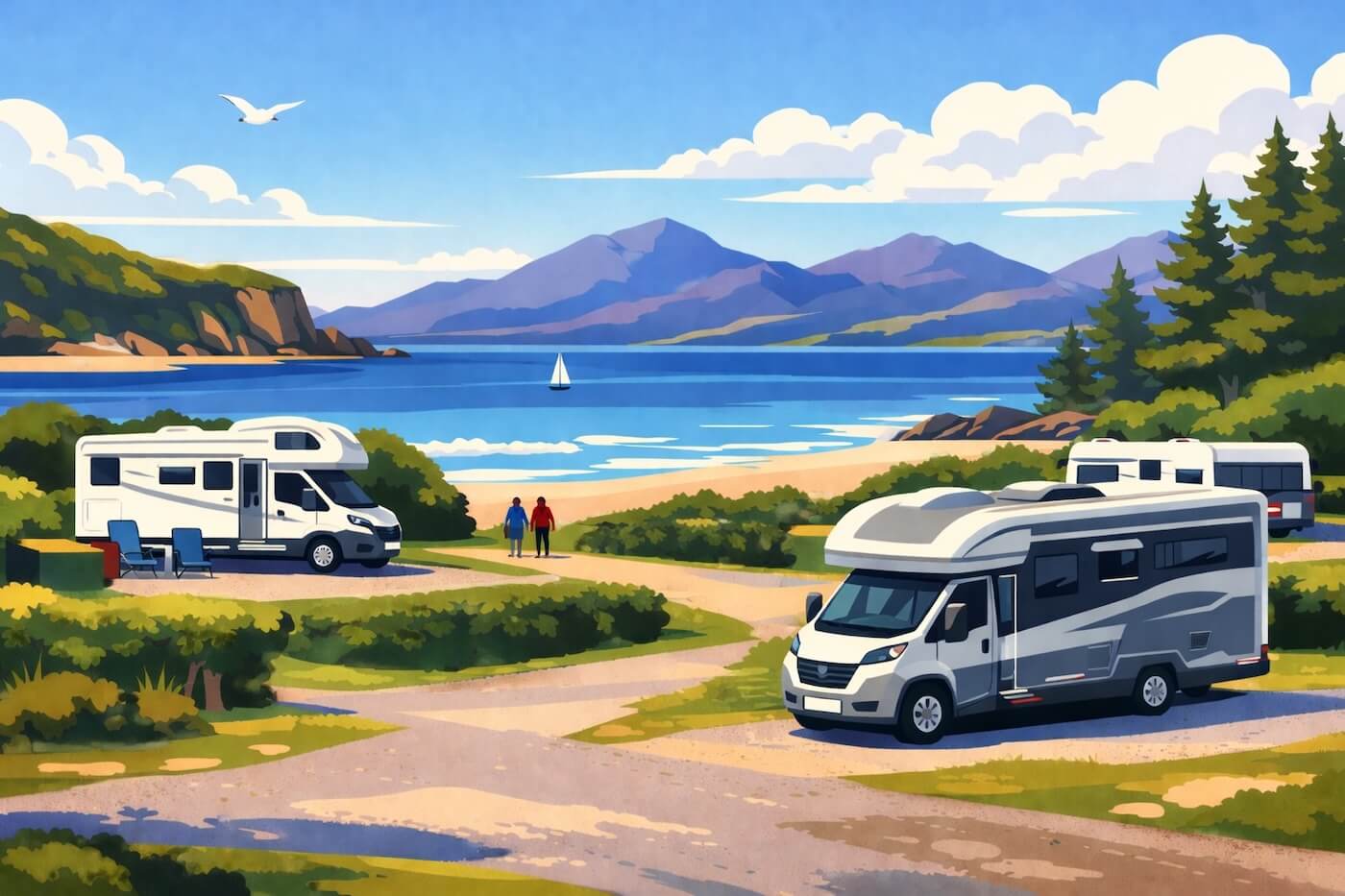 Autocaravanas en un camping junto a la costa de Escocia