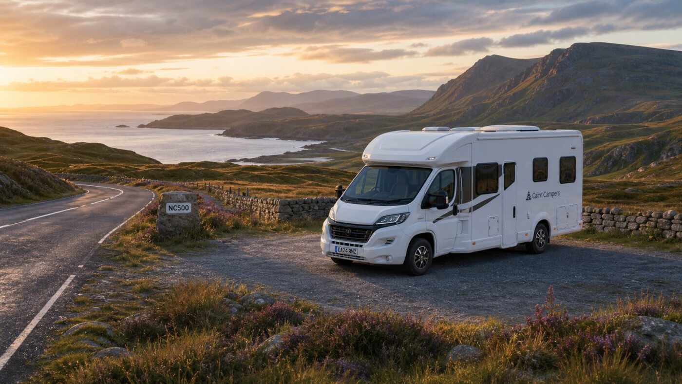 Autocaravana estacionada junto a la NC500 al atardecer, frente a la costa de las Highlands del norte.